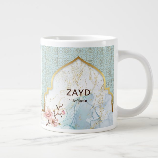 Personalized Groom Coffee Mug – Light Blue & Gold (Right)
