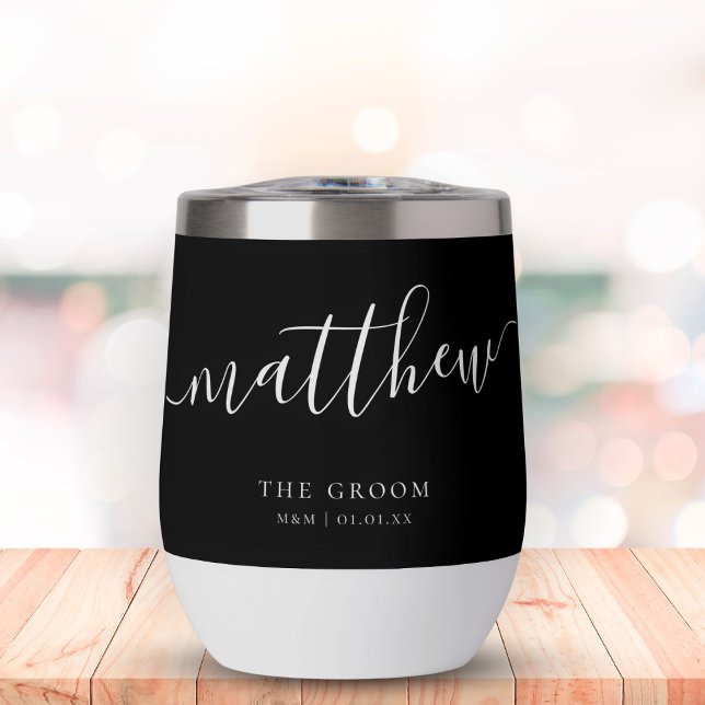 Personalized Groom Elegant Black White Calligraphy Thermal Wine Tumbler (Creator Uploaded)