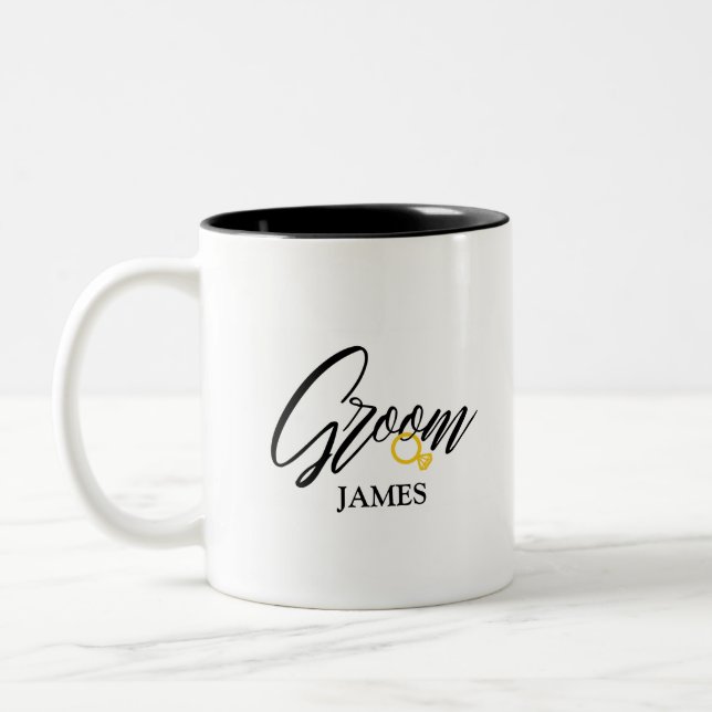 Personalized Groom's Name with golden ring  Two-Tone Coffee Mug (Left)