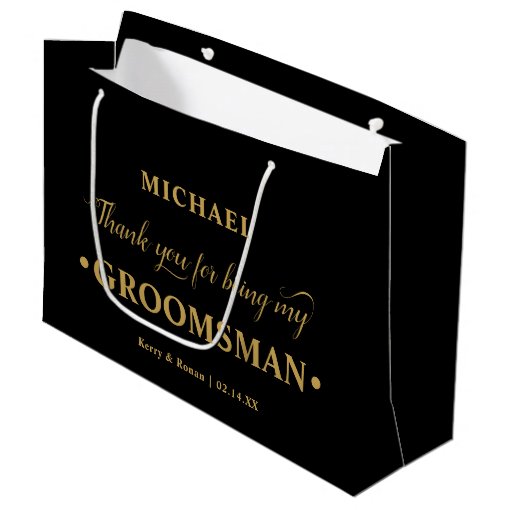 Personalized Groomsman Black and Gold Thank You Large Gift Bag Zazzle