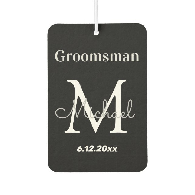personalized  groomsman, black and white monogram air freshener (Front)