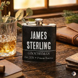 Personalized Groomsman Black Chalkboard Custom Nam Flask<br><div class="desc">Personalized stainless steel hip flask with a rustic black chalkboard design for groomsmen. Customize with name,  role (like "Groomsman" or "Best Man"),  and an established year. A stylish and memorable wedding party gift.</div>