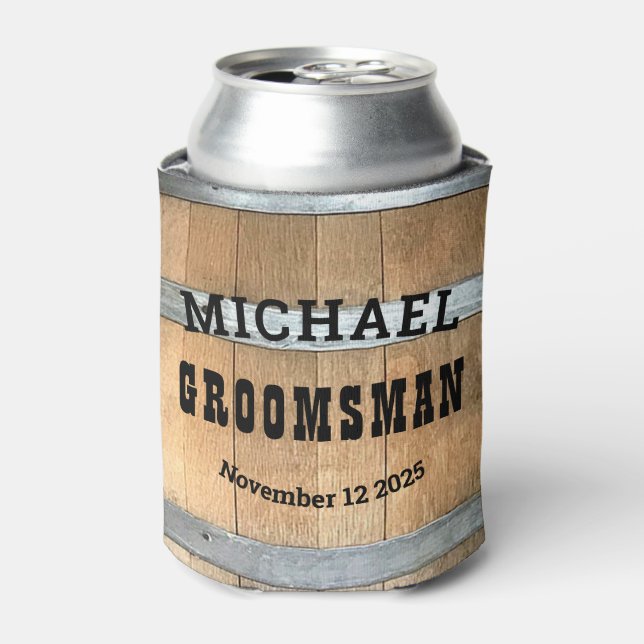 Personalized Groomsman Gift Rustic Bourbon Barrel Can Cooler (Can Front)