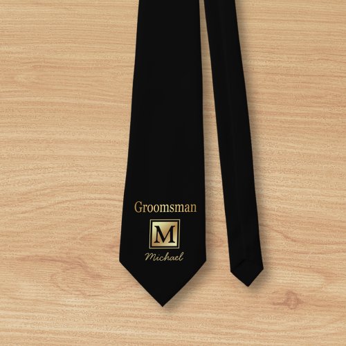 personalized groomsman gold script black Neck Tie