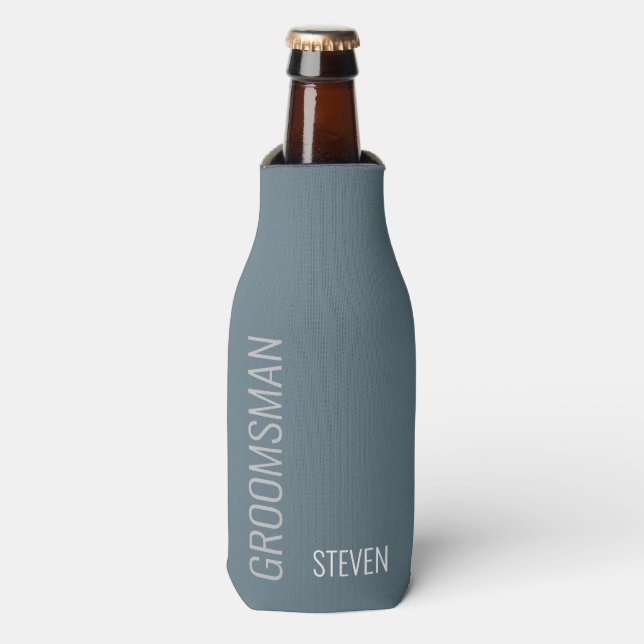 Personalized Groomsman Modern Dusty Blue Custom Bottle Cooler (Bottle Front)