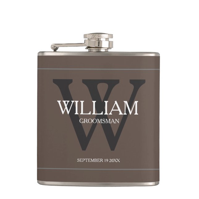 Personalized Groomsman Name Tan Wedding Flask (Front)