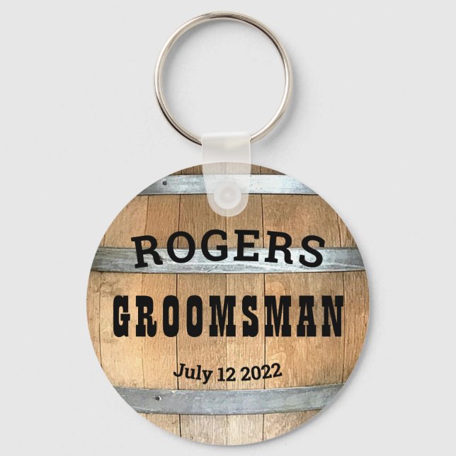 Personalized Groomsman Rustic Whiskey Barrel Keychain (Front)