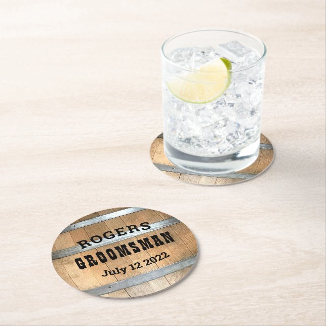 Personalized Groomsman Whiskey Barrel Round Paper Coaster (Insitu)