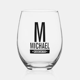Personalized Groomsman's Monogram and Name Stemless Wine Glass