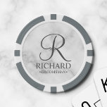 Personalized Groomsman's Name and Monogram Poker Chips<br><div class="desc">Elegant Black and White Personalized Groomsman Gifts featuring personalized monogram in grey elegant script font style with groomsman's name and title in classic serif font style on white marble background. Also perfect for best man, father of the bride and more. Please note: The marble details are simulated in the artwork....</div>