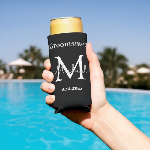 personalized  groomsmen black white chic wedding seltzer can cooler