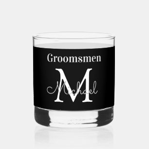personalized groomsmen black white chic whiskey glass