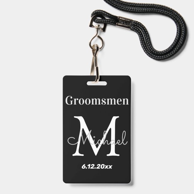 personalized  groomsmen elegant black wedding badge (Front with Lanyard)
