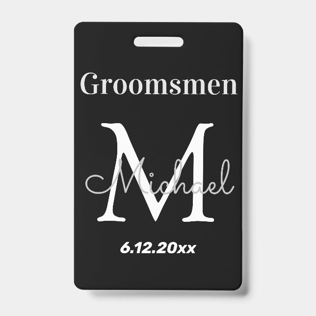 personalized  groomsmen elegant black wedding badge (Front)