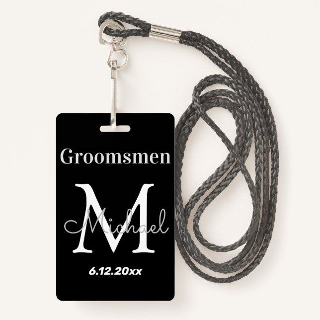 personalized  groomsmen elegant black wedding badge (Front with Lanyard)