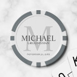 Personalized Groomsmen's name and monogram Poker Chips<br><div class="desc">Add a personal touch to your wedding with personalized groomsmen poker chips. This design features personalized groomsman's name with title and wedding date in grey and monogram in light grey as background, in classic serif font style, on white background. Also perfect for best man, father of the bride and more....</div>