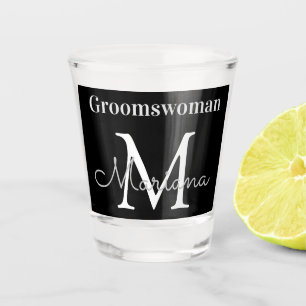 personalized  groomswoman black white monogram shot glass