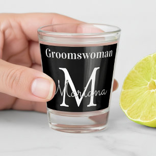 personalized groomswoman black white monogram shot glass