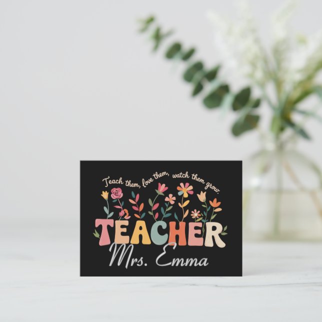 Personalized Groovy Flowers Teacher Custom Gift Business Card (Standing Front)