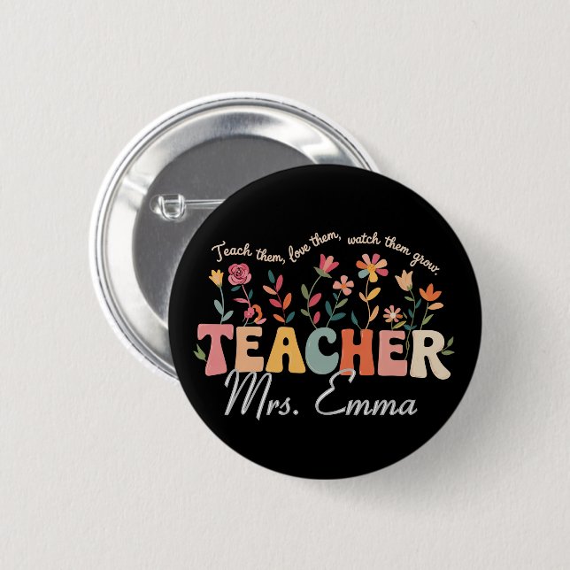 Personalized Groovy Flowers Teacher Custom Gift Button (Front & Back)