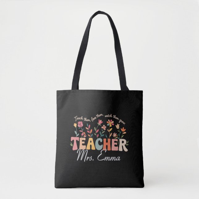 Personalized Groovy Flowers Teacher Custom Gift Tote Bag (Front)