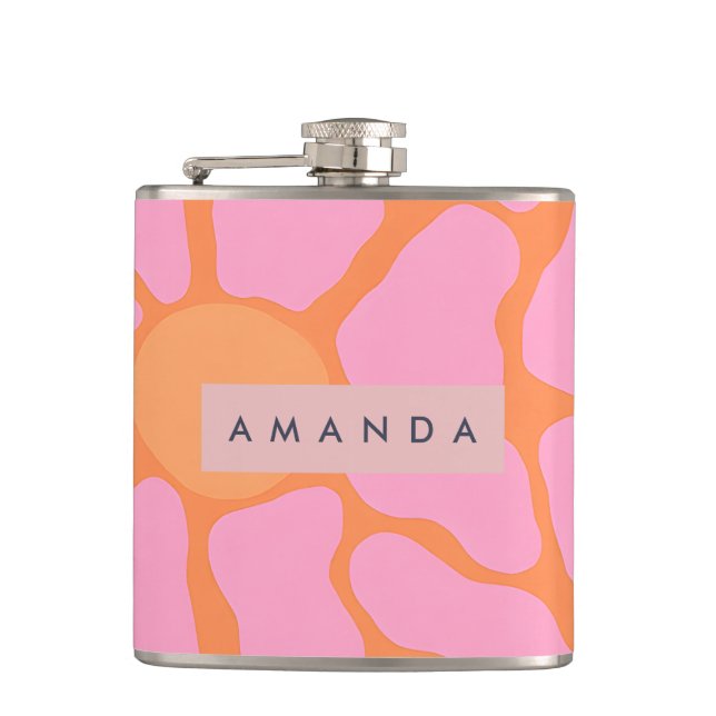 Personalized Groovy Orange and Pink Retro Flower Flask (Front)