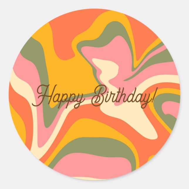 Personalized Groovy Retro Marble Orange Party Classic Round Sticker (Front)