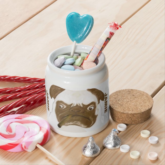 Personalized Grumpy AFICIONADO Puggy Cigar Candy Jar (In Situ)