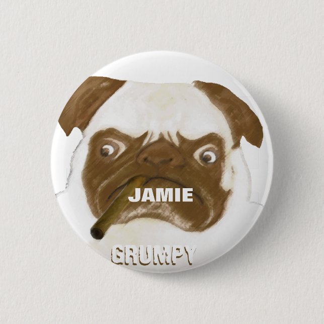 Personalized Grumpy AFICIONADO Puggy Cigar Pinback Button (Front)
