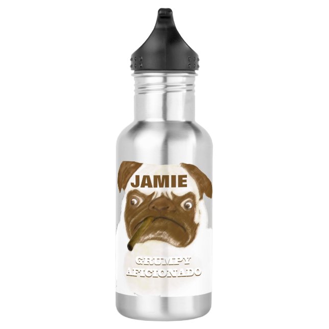 Personalized Grumpy AFICIONADO Puggy Cigar Stainless Steel Water Bottle (Right)