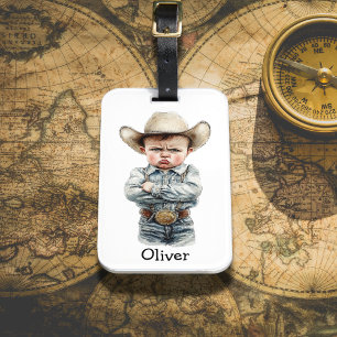 Personalized Grumpy Cowboy in Denim Outfit Luggage Tag