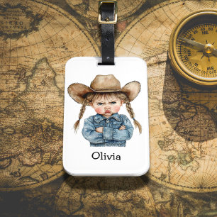 Personalized Grumpy Cowgirl in Denim Jacket Luggage Tag