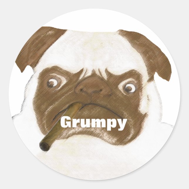 Personalized Grumpy Puggy with Cigar Classic Round Sticker (Front)