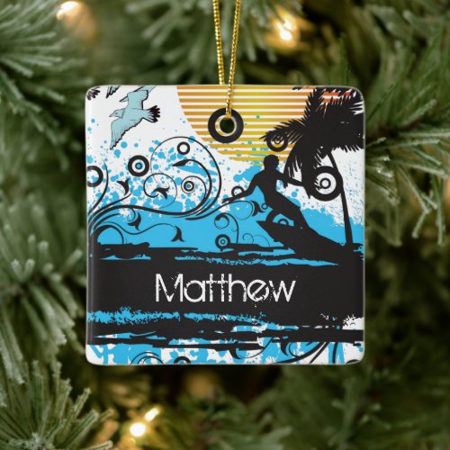 Personalized Grunge Surfing Beach Christmas Ceramic Ornament