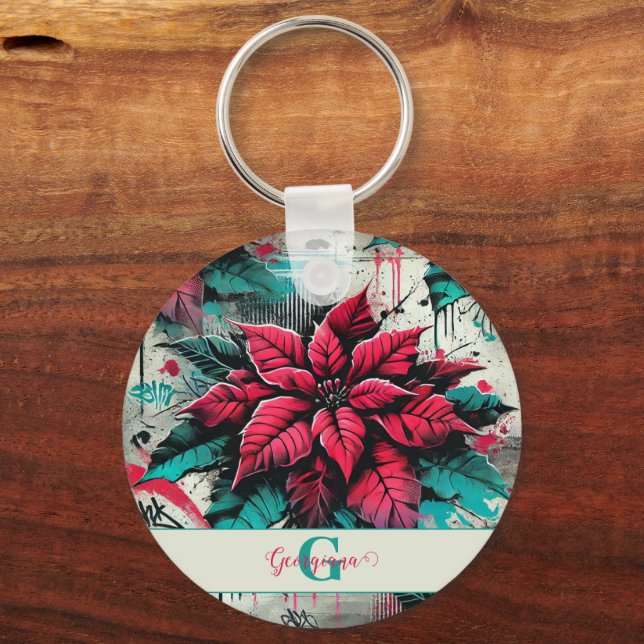 Personalized Grungy Poinsettia Floral Graffiti Keychain (Front)