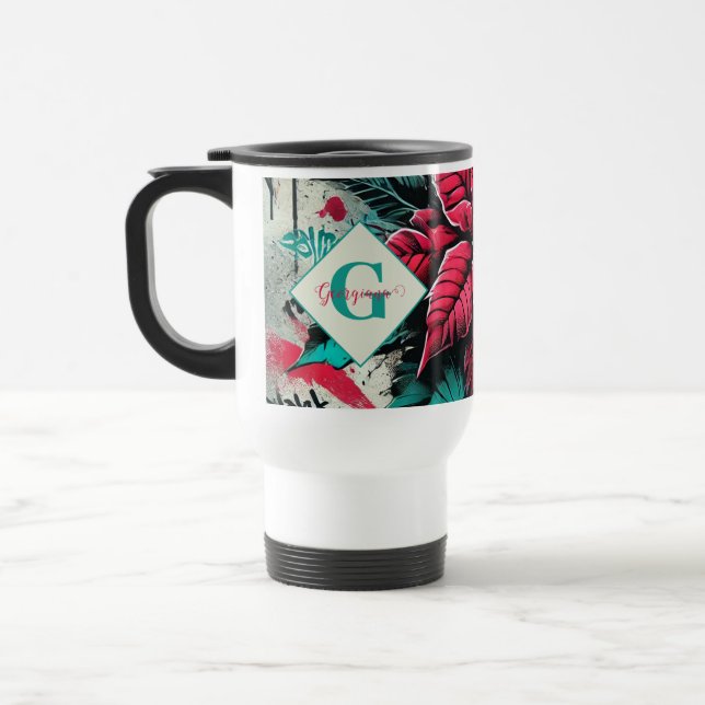Personalized Grungy Poinsettia Floral Graffiti Travel Mug (Left)