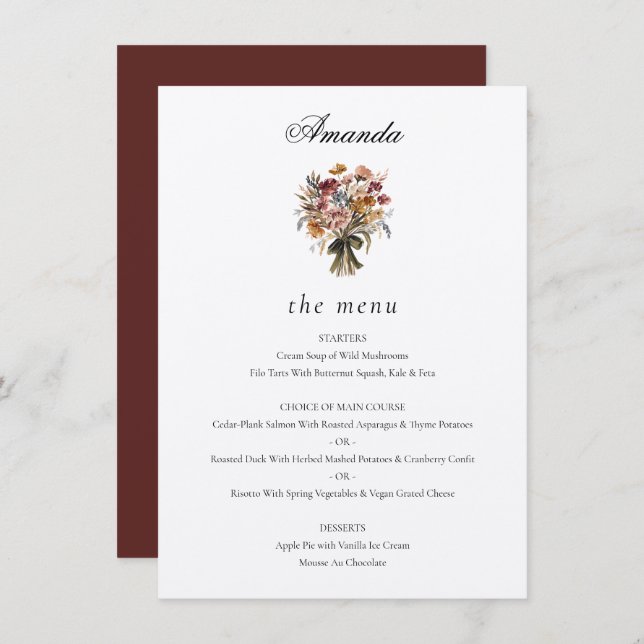 Personalized Guest Name Fall Flowers Wedding Menu (Front/Back)