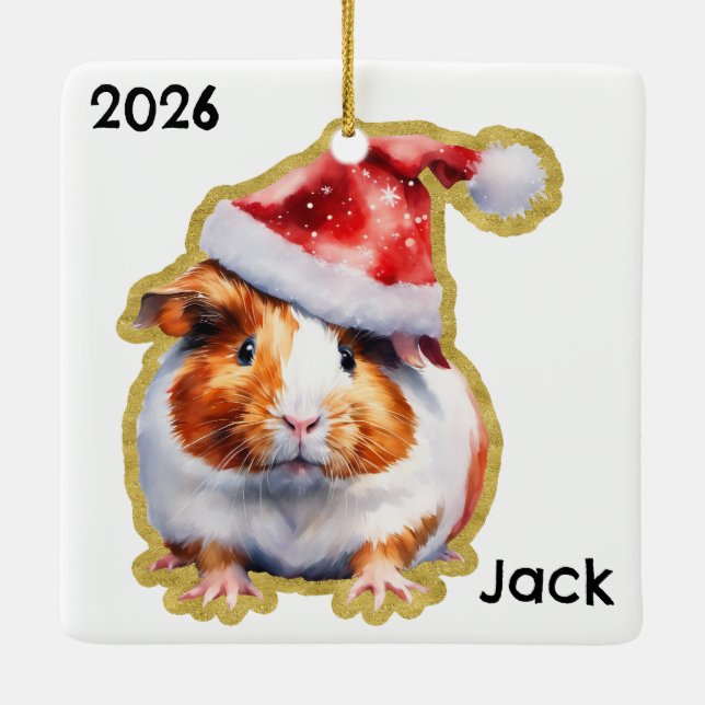 Personalized Guinea Pig with Santa Hat Ceramic Ornament (Back)