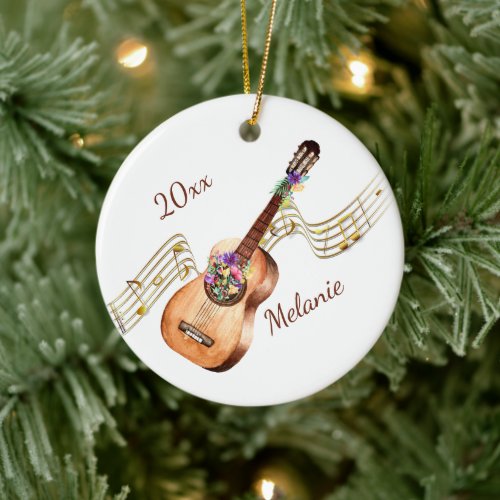Personalized Guitar and Floral Christmas Ornament
