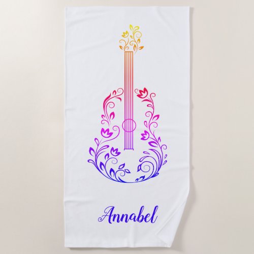 Personalized Guitar Colorful on White Beach Towel