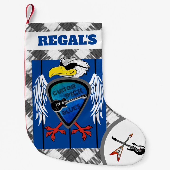 Personalized Guitar Pick Blues Regal Eagle Small Christmas Stocking (Front)