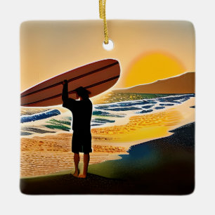 Personalized Guy on Beach with Surf Board Sunset Ceramic Ornament