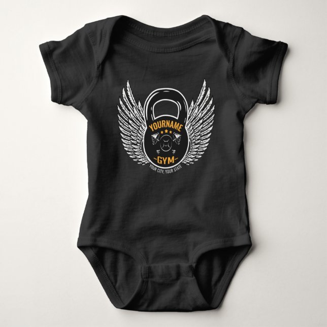 Personalized GYM Fitness Trainer Kettlebell  Baby Bodysuit (Front)