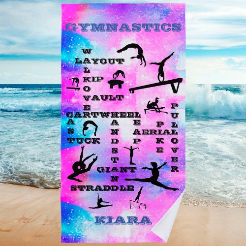 Personalized Gymnastics Crosswords Beach Towel