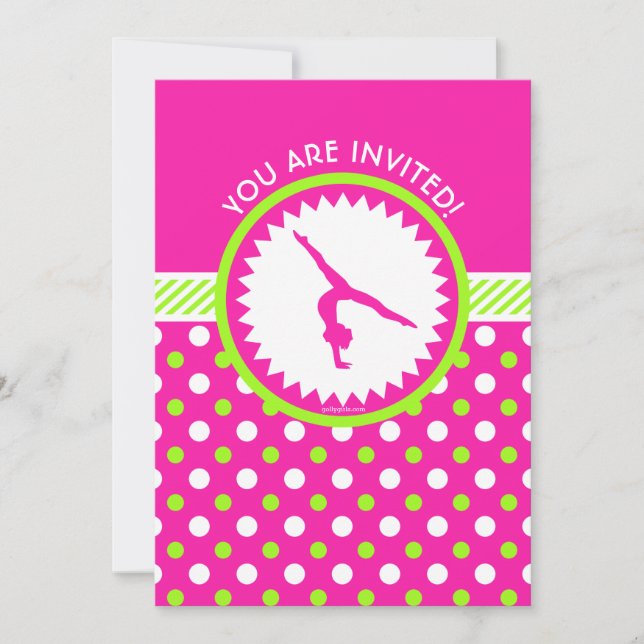 Personalized Gymnastics Pink Green Polka-Dots Invitation (Front)