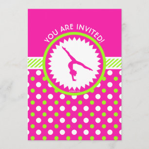 Personalized Gymnastics Pink Green Polka-Dots Invitation