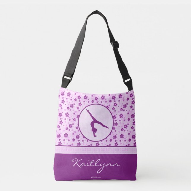 Personalized Gymnastics Purple Heart Floral Crossbody Bag (Front)