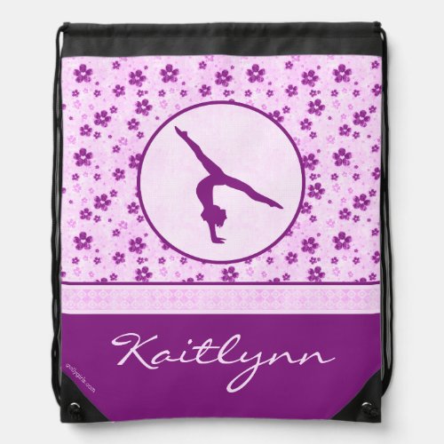 Personalized Gymnastics Purple Heart Floral Drawstring Bag