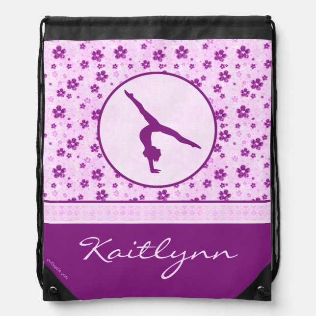 Personalized Gymnastics Purple Heart Floral Drawstring Bag (Front)