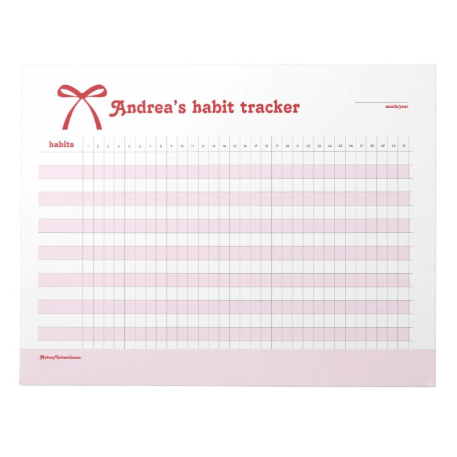 Personalized Habit Tracker Pink Bow  Notepad (Front)